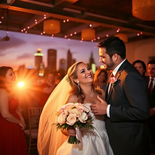Happy couple during sunset wedding photoshoot in Denver