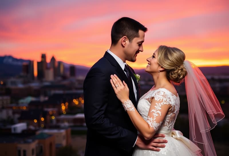 Romantic wedding couple at sunset in Aurora, Colorado