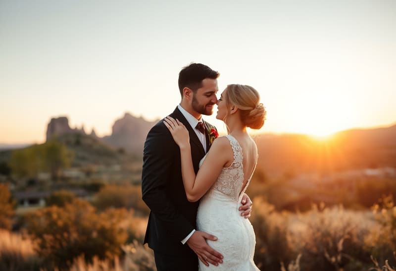 Romantic wedding couple embracing with Boulder Flatirons in background