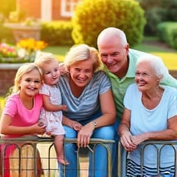 Multi-generational family portrait in garden setting