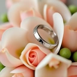 Artistic wedding details with rings and flowers